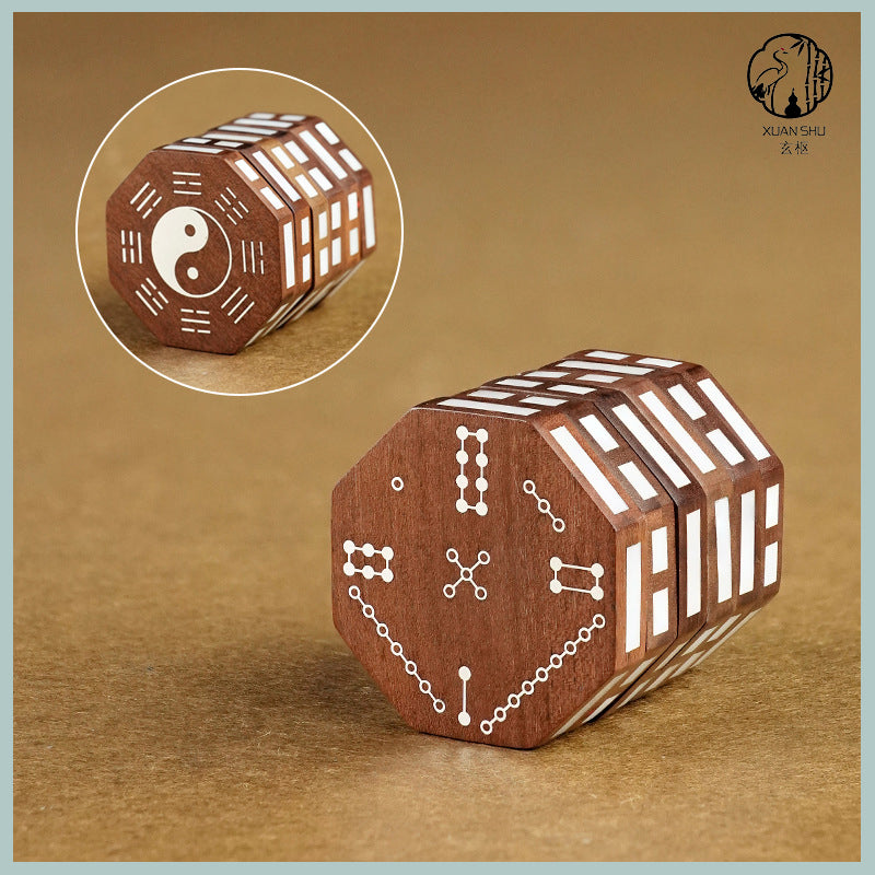 Zao Wood Inlaid Silver I Ching 64 Hexagrams Rotating Cube – Feng Shui Six Yao River Map Divination Stress Relief Puzzle