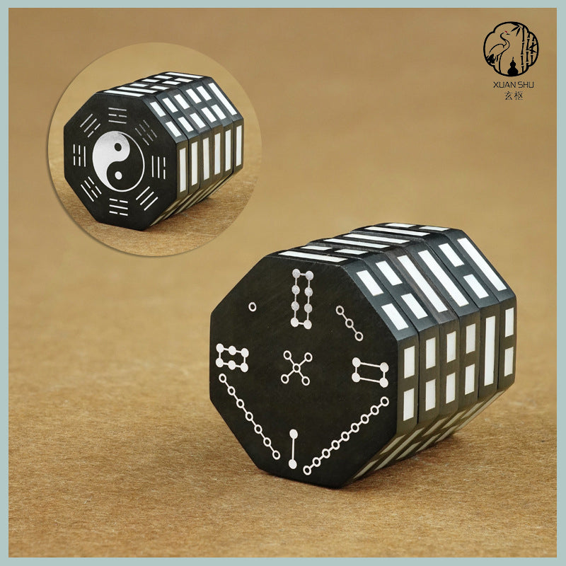 Zao Wood Inlaid Silver I Ching 64 Hexagrams Rotating Cube – Feng Shui Six Yao River Map Divination Stress Relief Puzzle