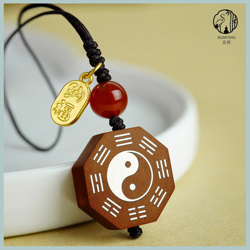 Zao Wood Inlaid Silver Bagua Taiji Pendant Mobile Chain Necklace - Taoist Spiritual Protection & Feng Shui Charm