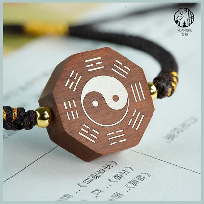 Zao Wood Inlaid Silver Taiji Bagua Braided Vajra Knot Bracelet - Handcrafted Spiritual Jewelry for Balance and Protection
