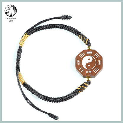 Zao Wood Inlaid Silver Taiji Bagua Braided Vajra Knot Bracelet - Handcrafted Spiritual Jewelry for Balance and Protection