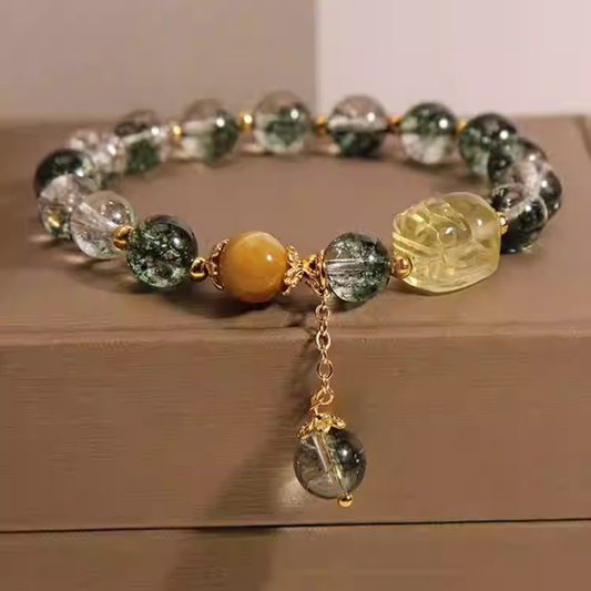 Sakura Green Phantom & Natural Citrine Pixiu Bracelet - Crystal Energy for Wealth, Protection & Emotional Healing