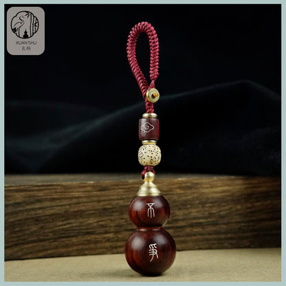African Purple Sandalwood Gourd Pendant with Removable Lid, Inlaid Silver Double Blessings Gourd Keychain - Peace, Joy, and Good Fortune