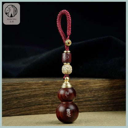 African Purple Sandalwood Gourd Pendant with Removable Lid, Inlaid Silver Double Blessings Gourd Keychain - Peace, Joy, and Good Fortune