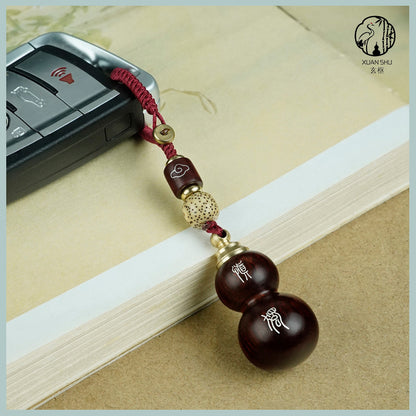 African Purple Sandalwood Gourd Pendant with Removable Lid, Inlaid Silver Double Blessings Gourd Keychain - Peace, Joy, and Good Fortune