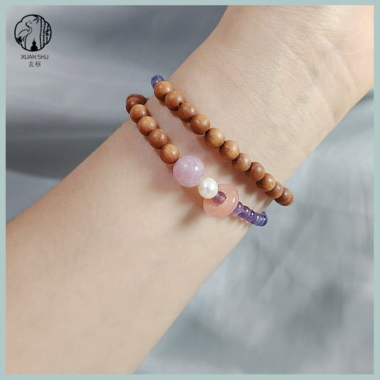 Sandalwood & Natural Amethyst Double Circle Bracelet - Attract Wealth & Protective Energy