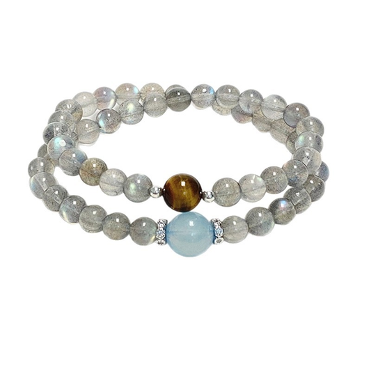 Aquamarine Moonstone Tiger Eye Healing Bracelet – Double Layer Crystal Jewelry for Stress Relief & Confidence