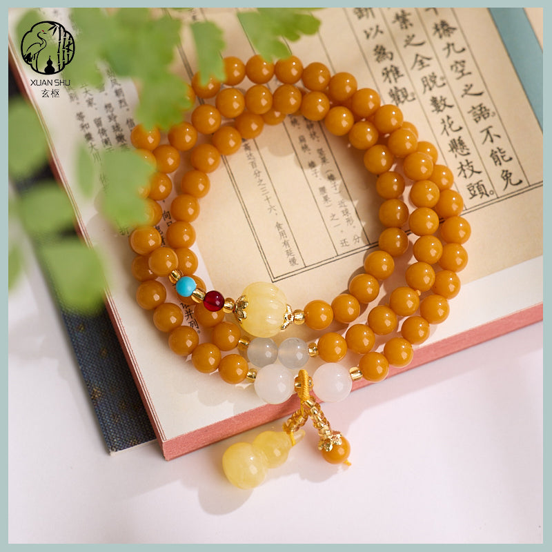 Natural Chicken Oil Yellow Amber Gourd Bead Bracelet - Attract Wealth & Health