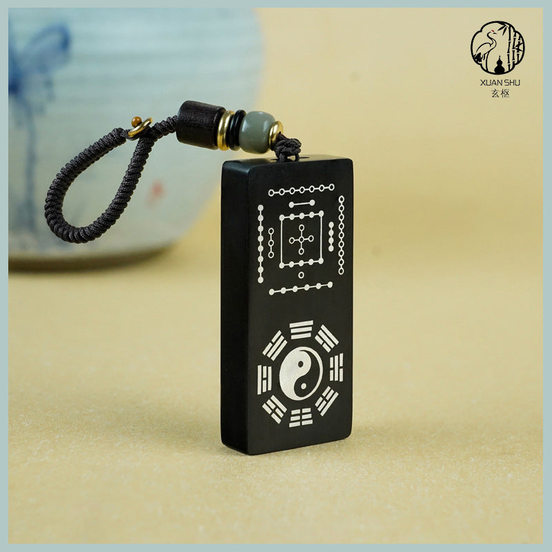 Purple Sandalwood & Black Ebony Inlaid Silver Taiji Nan Luo Shu He Tu Keychain Pendant –spiritual protection balance and prosperity