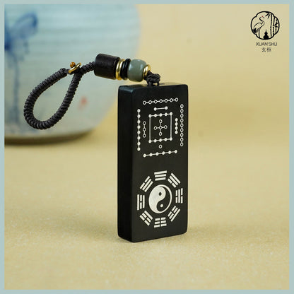 Purple Sandalwood & Black Ebony Inlaid Silver Taiji Nan Luo Shu He Tu Keychain Pendant –spiritual protection balance and prosperity