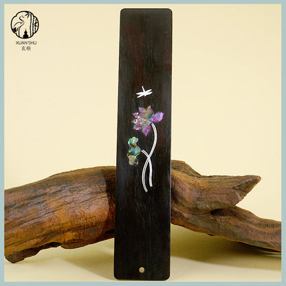 Black Ebony Inlaid Silver & Shell Carved Lotus/Plum Blossom Wooden Bookmark - Elegant Handcrafted Design
