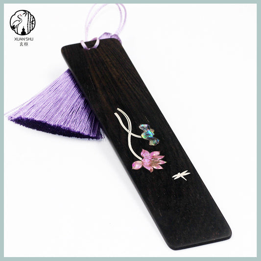 Black Ebony Inlaid Silver & Shell Carved Lotus/Plum Blossom Wooden Bookmark - Elegant Handcrafted Design