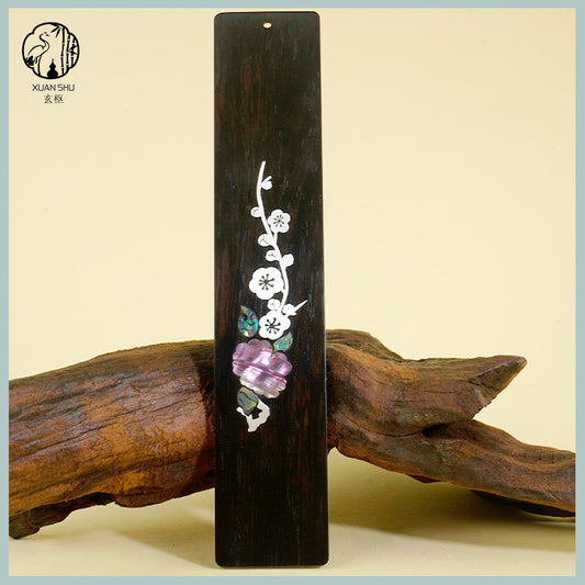 Black Ebony Inlaid Silver & Shell Carved Lotus/Plum Blossom Wooden Bookmark - Elegant Handcrafted Design