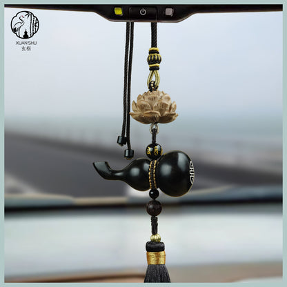 Black Ebony with Silver Inlay - "Fortune & Prosperity Gourd" Car Rearview Mirror Pendant for Safety and Peace