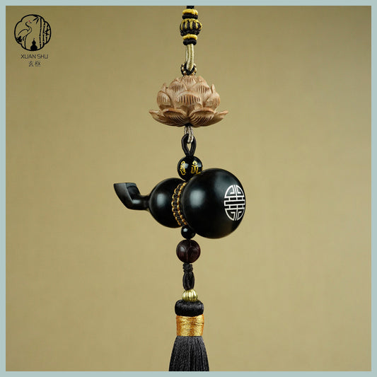 Black Ebony with Silver Inlay - "Fortune & Prosperity Gourd" Car Rearview Mirror Pendant for Safety and Peace