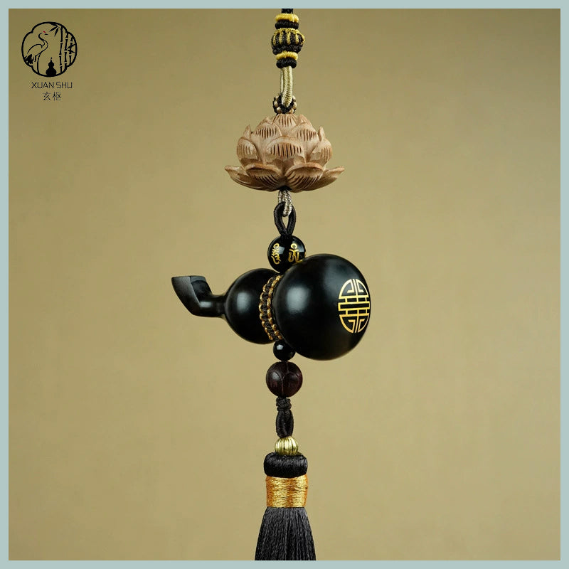Black Ebony with Silver Inlay - "Fortune & Prosperity Gourd" Car Rearview Mirror Pendant for Safety and Peace