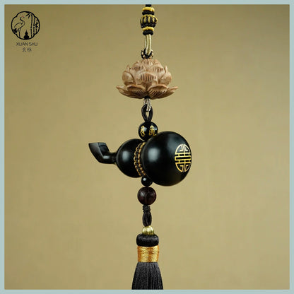 Black Ebony with Silver Inlay - "Fortune & Prosperity Gourd" Car Rearview Mirror Pendant for Safety and Peace