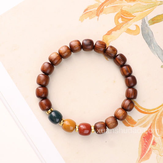 Black Rosewood Single Strand Bracelet with Red Yellow Green Bodhi Beads - For Energy Balancing & Grounding