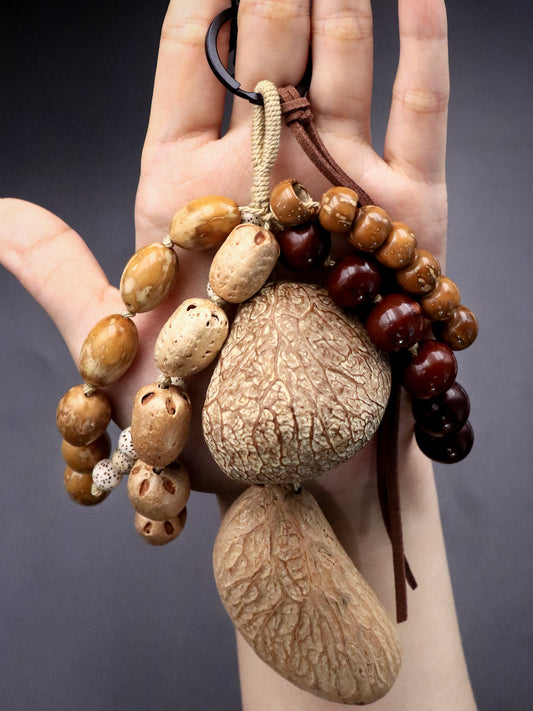 Wind Bell Fruit Keychain - Five Types of Natural Bodhi & Brown Cord & Metal Ring Design