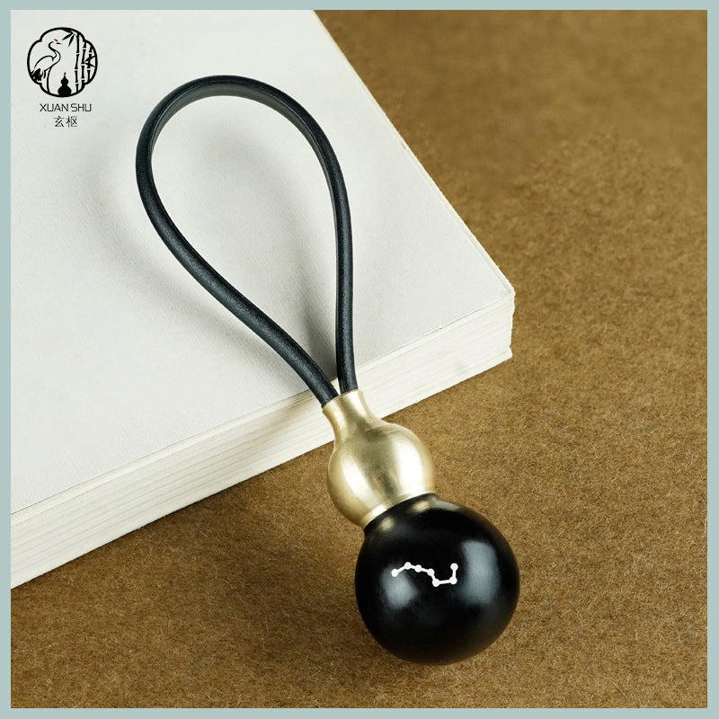 Solid Wood & Brass Gourd Keychain with Big Dipper Seven Stars | Feng Shui Protection and Cosmic Energy Balance