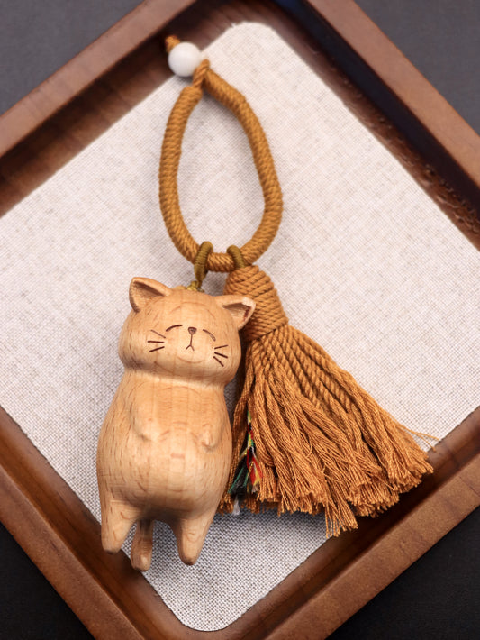 Walnut Wood Lazy Cat Keychain - Hand-Carved Cute Cat Bag Charm with Tassel