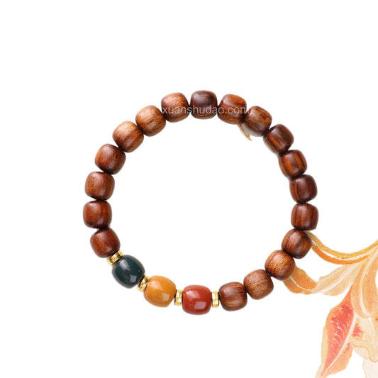 Black Rosewood Single Strand Bracelet with Red Yellow Green Bodhi Beads - For Energy Balancing & Grounding