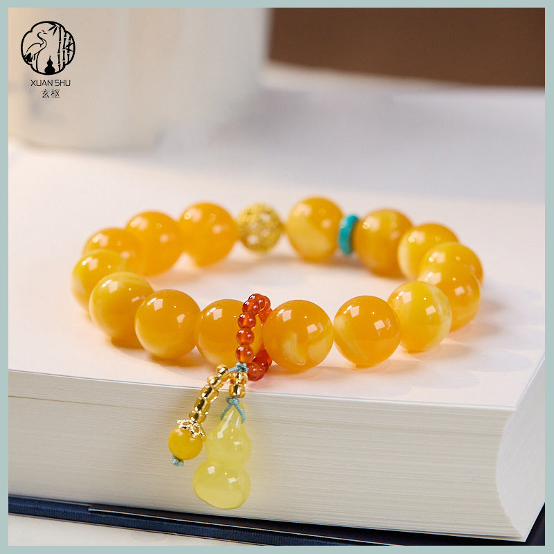 Natural Chicken Oil Yellow Amber Gourd Bead Bracelet - Attract Wealth & Health
