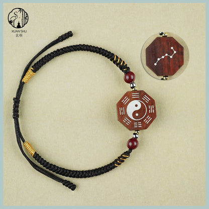 Zao Wood Inlaid Silver Taiji Bagua Braided Vajra Knot Bracelet - Handcrafted Spiritual Jewelry for Balance and Protection