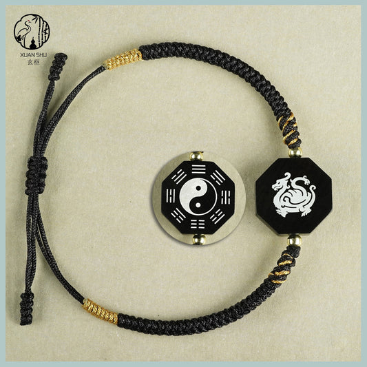 Zao Wood Inlaid Silver Taiji Bagua Braided Vajra Knot Bracelet - Handcrafted Spiritual Jewelry for Balance and Protection