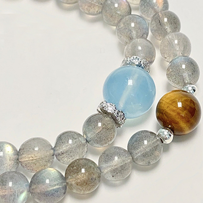 Aquamarine Moonstone Tiger Eye Healing Bracelet – Double Layer Crystal Jewelry for Stress Relief & Confidence
