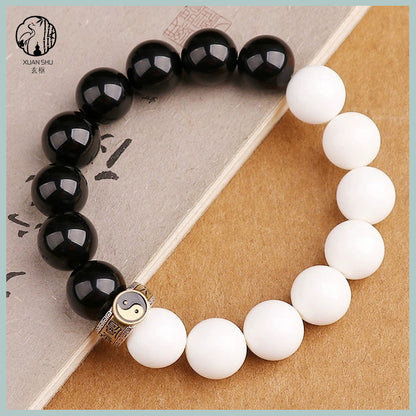 Daoist White Jade Mixed Yuan Beads Tai Chi Yin Yang Black Obsidian Bagua Bracelet – Spiritual Harmony & Balance