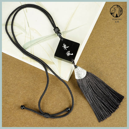 Purple Sandalwood Inlaid Silver Fengshen Pendant – Peace and Joy Car Rearview Mirror Decoration with Silver Tassel for Good Luck