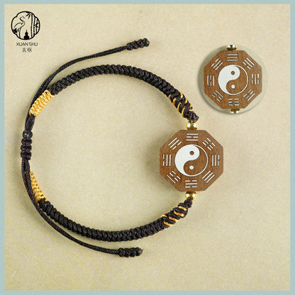 Zao Wood Inlaid Silver Taiji Bagua Braided Vajra Knot Bracelet - Handcrafted Spiritual Jewelry for Balance and Protection