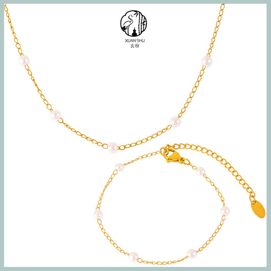 Gold-Plated Titanium Steel Pearl Beaded Necklace – Durable & Elegant Jewelry