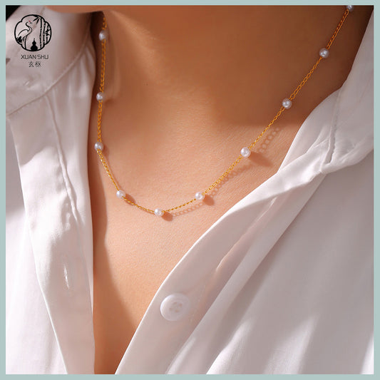 Gold-Plated Titanium Steel Pearl Beaded Necklace – Durable & Elegant Jewelry