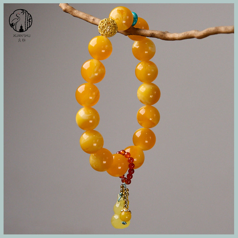 Natural Chicken Oil Yellow Amber Gourd Bead Bracelet - Attract Wealth & Health