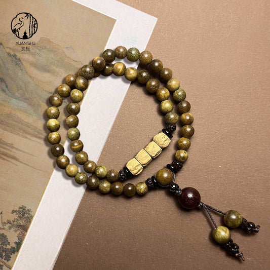 Natural Green Sandalwood and Purple Gold Mouse Sandalwood Double Circle Passion Fruit Seed Bracelet - Enhance Fortune&Wealth& Health
