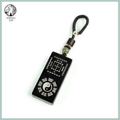 Purple Sandalwood & Black Ebony Inlaid Silver Taiji Nan Luo Shu He Tu Keychain Pendant –spiritual protection balance and prosperity