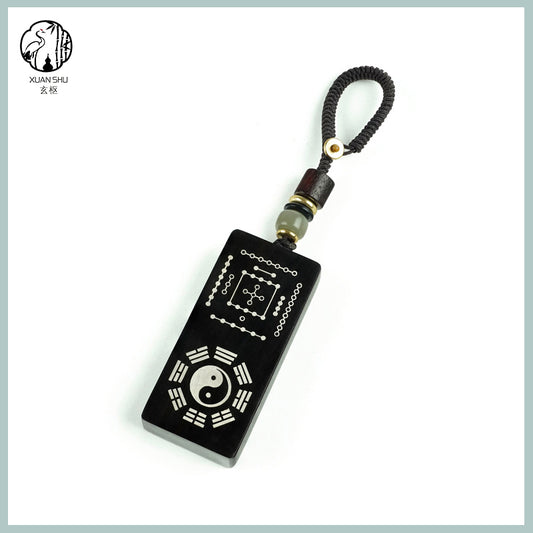 Purple Sandalwood & Black Ebony Inlaid Silver Taiji Nan Luo Shu He Tu Keychain Pendant –spiritual protection balance and prosperity
