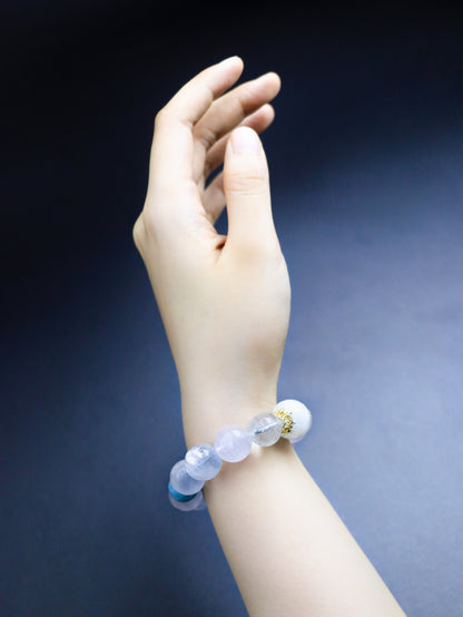 Natural Rose Quartz Hexagram Bracelet – Aquamarine & White Phantom Crystal for Love, Wisdom & Energy Healing