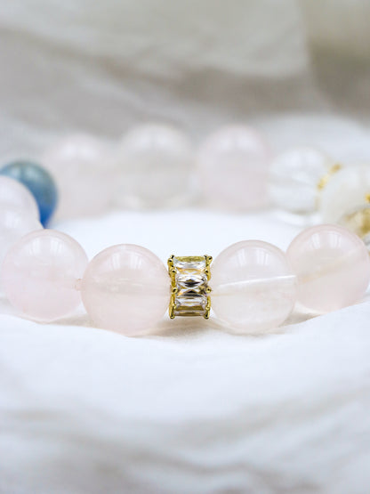 Natural Rose Quartz Hexagram Bracelet – Aquamarine & White Phantom Crystal for Love, Wisdom & Energy Healing