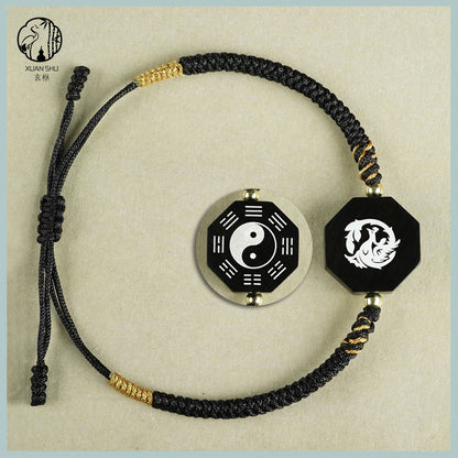 Zao Wood Inlaid Silver Taiji Bagua Braided Vajra Knot Bracelet - Handcrafted Spiritual Jewelry for Balance and Protection