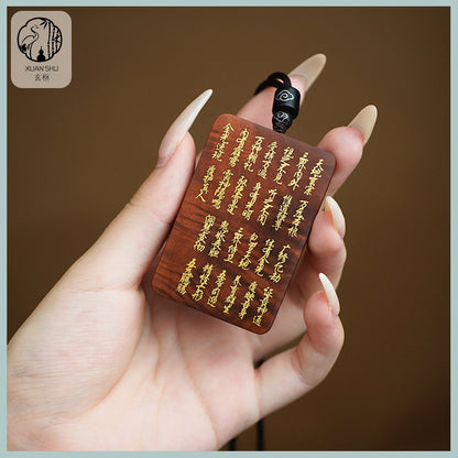 Sandalwood Inlaid Zi Wei Hui Golden Mantra Wufu Plaque Nine Words Keychain - Feng Shui Car Rearview Mirror Pendant for Protection and Prosperity