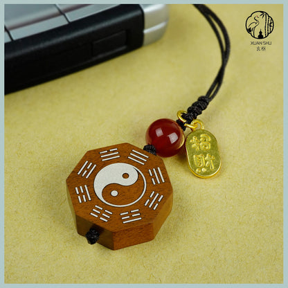 Zao Wood Inlaid Silver Bagua Taiji Pendant Mobile Chain Necklace - Taoist Spiritual Protection & Feng Shui Charm