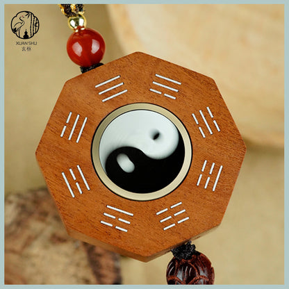 Zao Wood / Sandalwood Inlaid Silver Tai Chi Rotating Bagua Wufu Plaque Pendant& Feng Shui Car Rearview Mirror Ornament - Enhance Energy and Balance