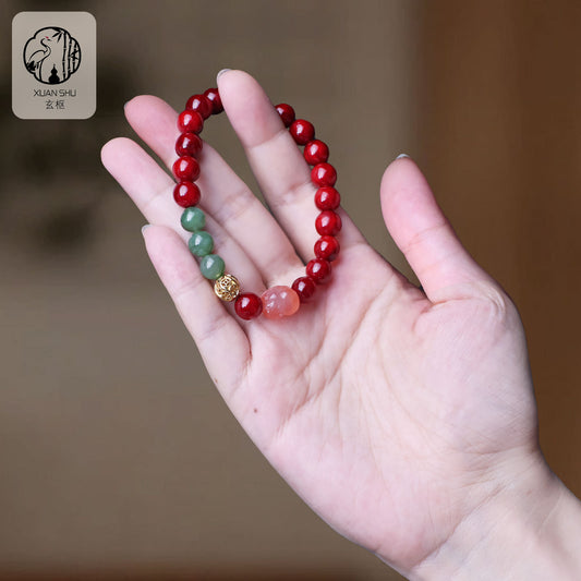 Lacquer Blood Dragon Wood & Hetian Jade Bracelet with Red Agate Pi Xiu – Feng Shui Wealth & Protection