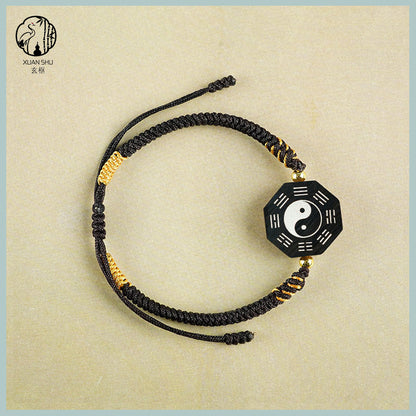 Zao Wood Inlaid Silver Taiji Bagua Braided Vajra Knot Bracelet - Handcrafted Spiritual Jewelry for Balance and Protection