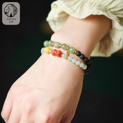 Heta Jade, South Red Amber & Natural Benzoin Double Bracelet — Improve Luck, Relationships & Energy Flow