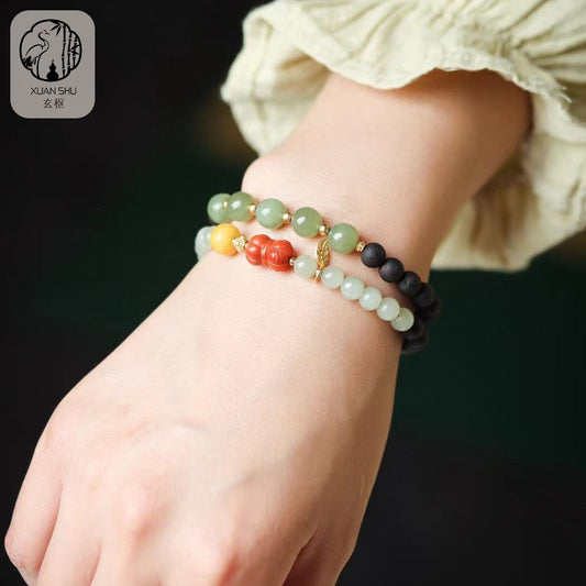 Heta Jade, South Red Amber & Natural Benzoin Double Bracelet — Improve Luck, Relationships & Energy Flow