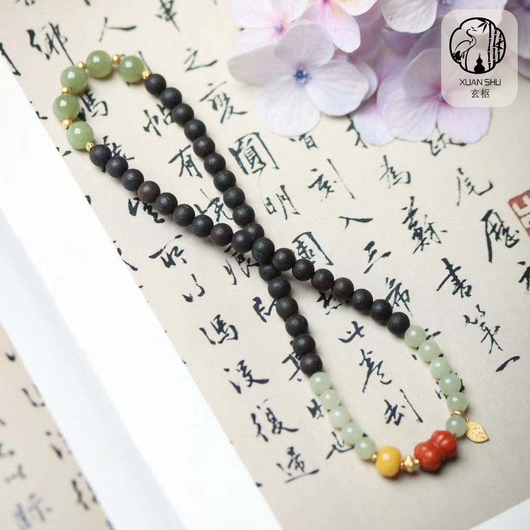 Heta Jade, South Red Amber & Natural Benzoin Double Bracelet — Improve Luck, Relationships & Energy Flow